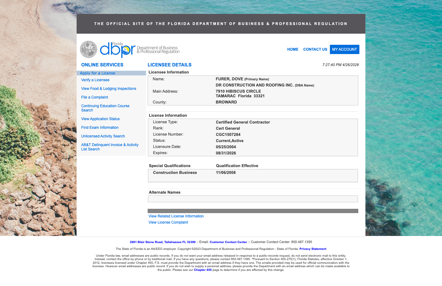 Florida DBPR licensee detail page for CGC1507284, Certified General Contractor, Current Active, expires 08/31/2026