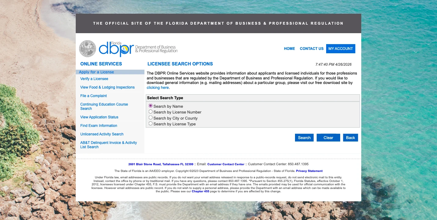 Screenshot of the MyFloridaLicense.com Licensee Search Options portal showing 'Search by License Number' radio button, used to verify Florida contractor licenses.