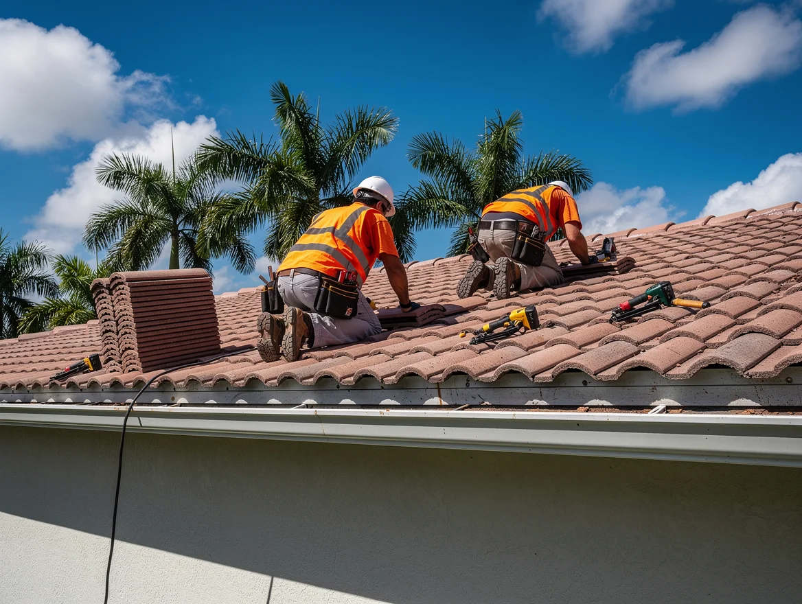 DR Construction and Roofing crew installing tile roof on South Florida home
