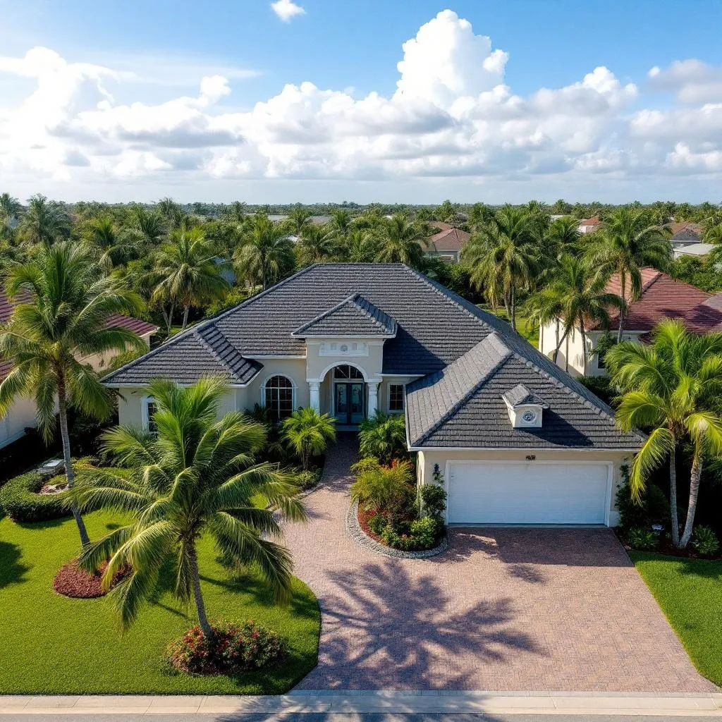 Completed roof renovation on a beautiful Florida home with palm trees