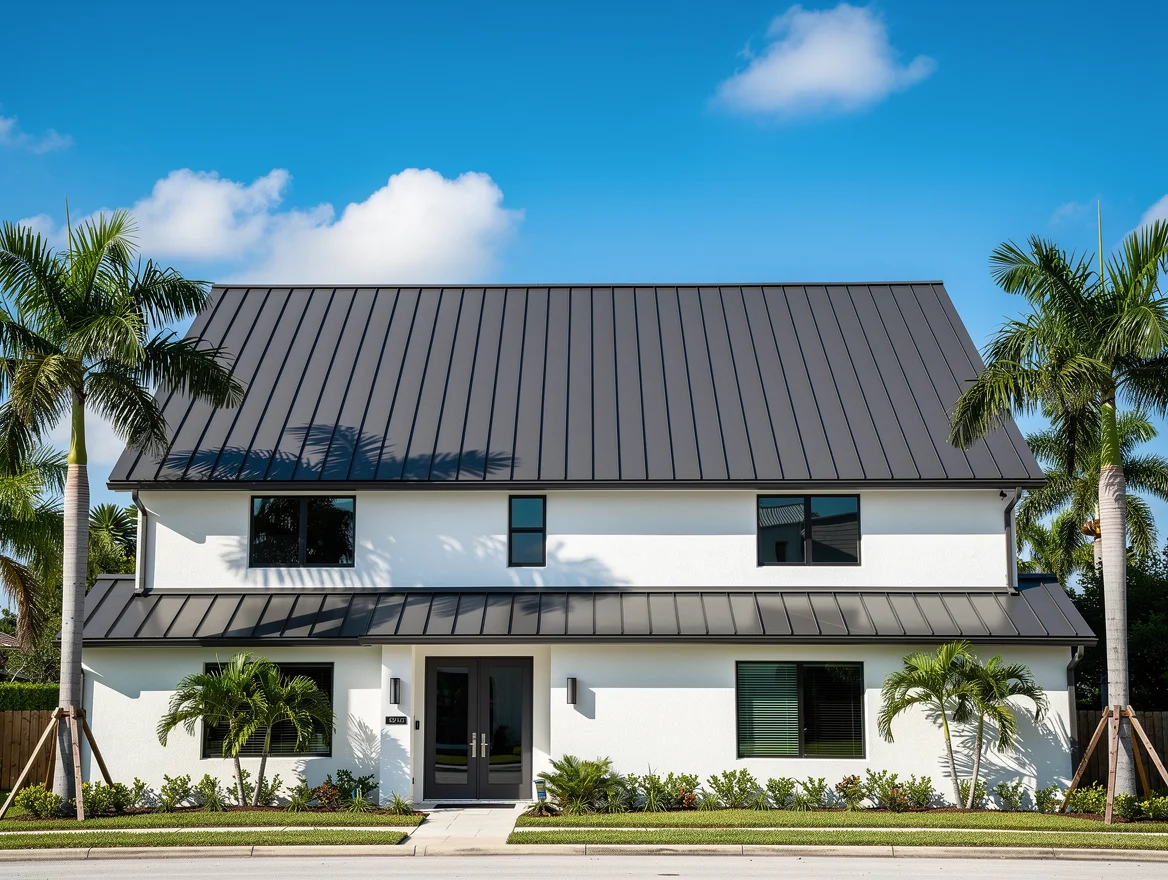 Standing seam metal roof installation on modern Florida home