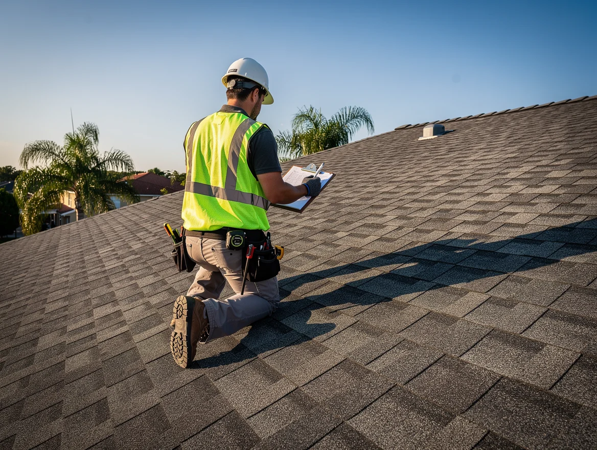 Roofing contractor inspecting shingle roof on Florida home