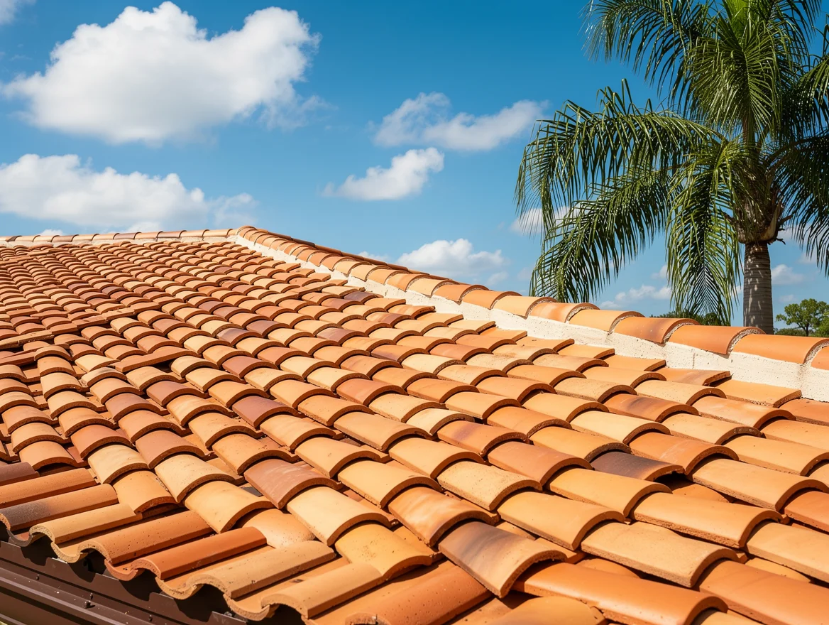 Concrete barrel tile roof detail on Florida Mediterranean home